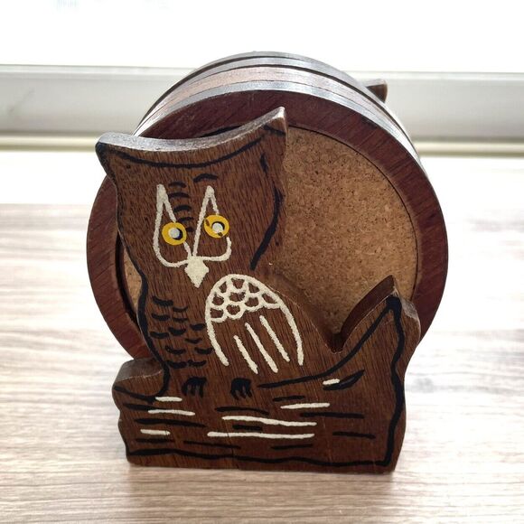 Vintage Owl Coaster Holder And Coaster Set Of 5 MCM - Picture 2 of 11